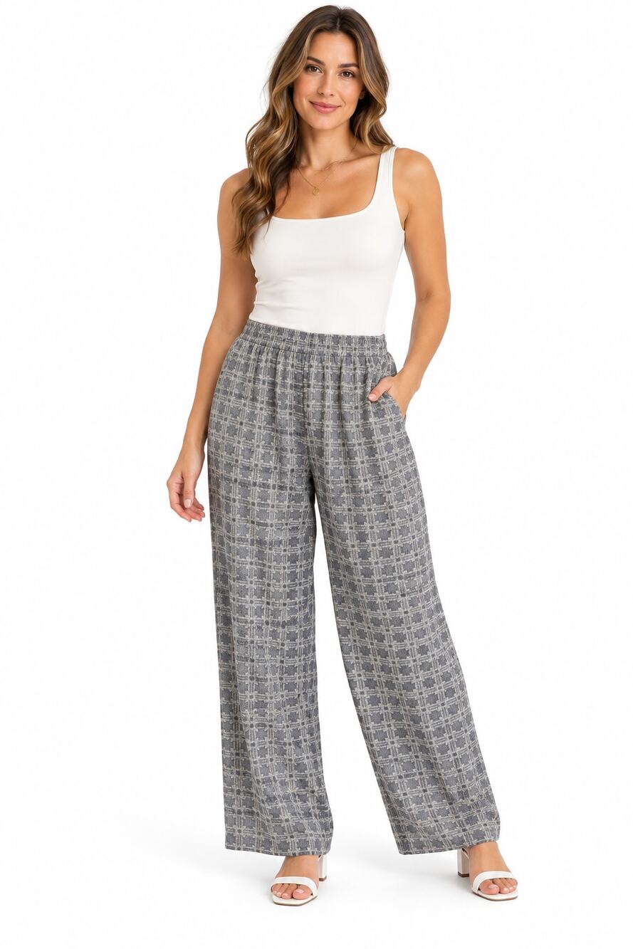 Anne Klein II 100% Silk Gray Abstract Print Pull-On Pants Wide Leg Medium